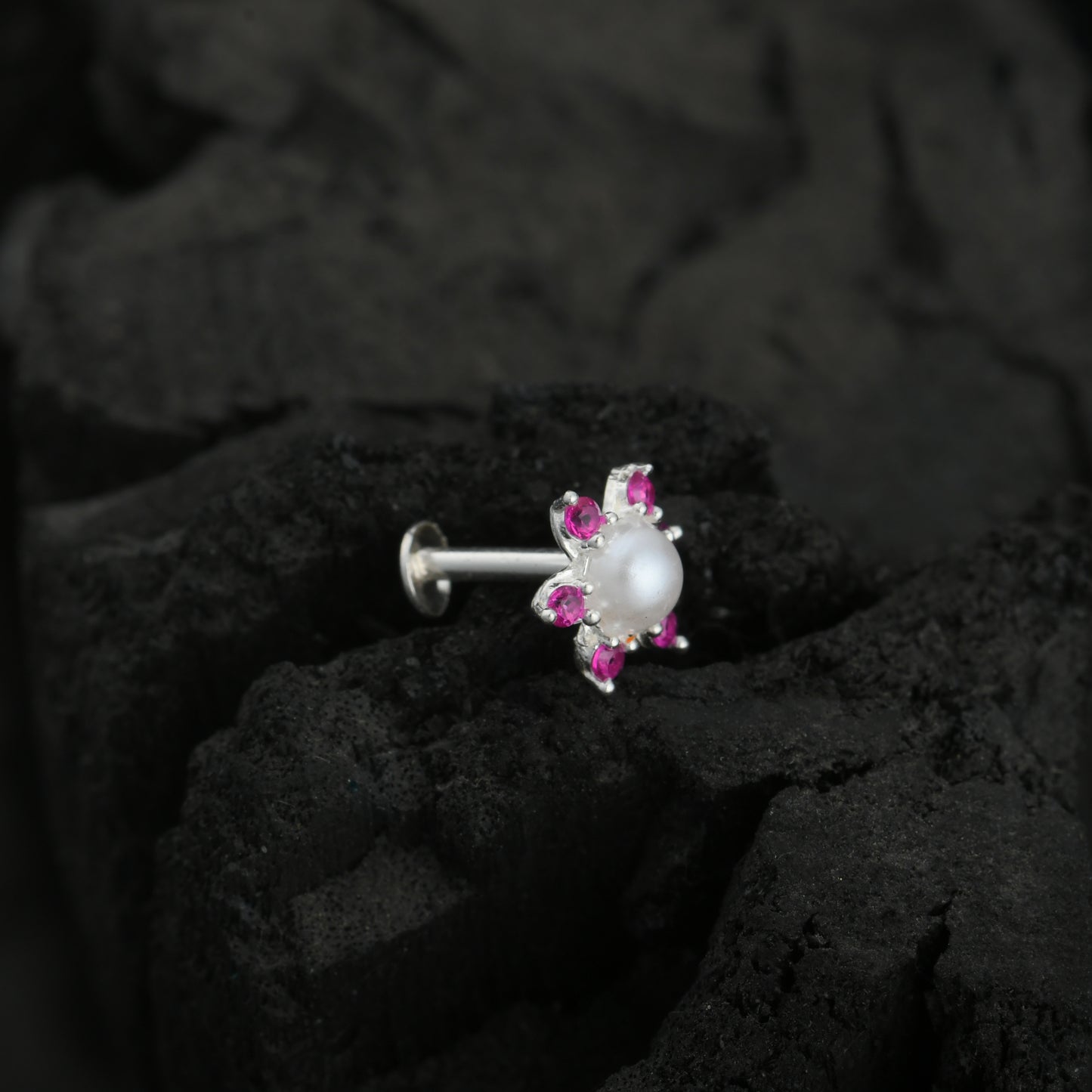 Pearl CZ Flower Silver Nose Pin