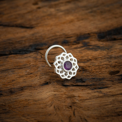 Crown Chakra Silver Nose Pin With Amethyst Stone