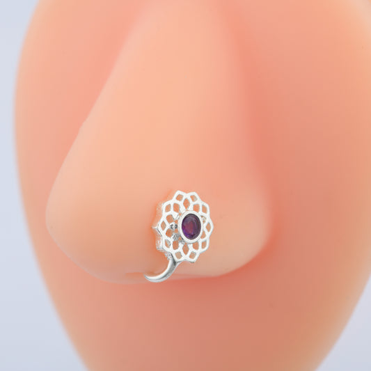 Crown Chakra Silver Nose Pin With Amethyst Stone
