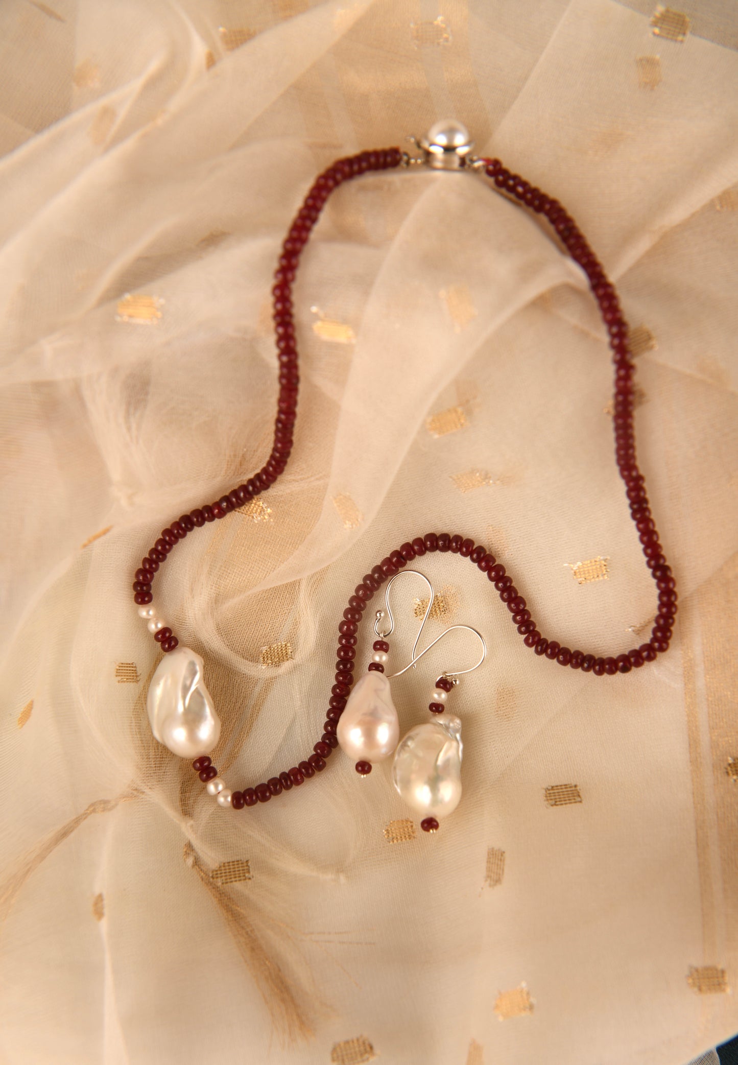 Baroque Pearl and Rubies Necklace Set