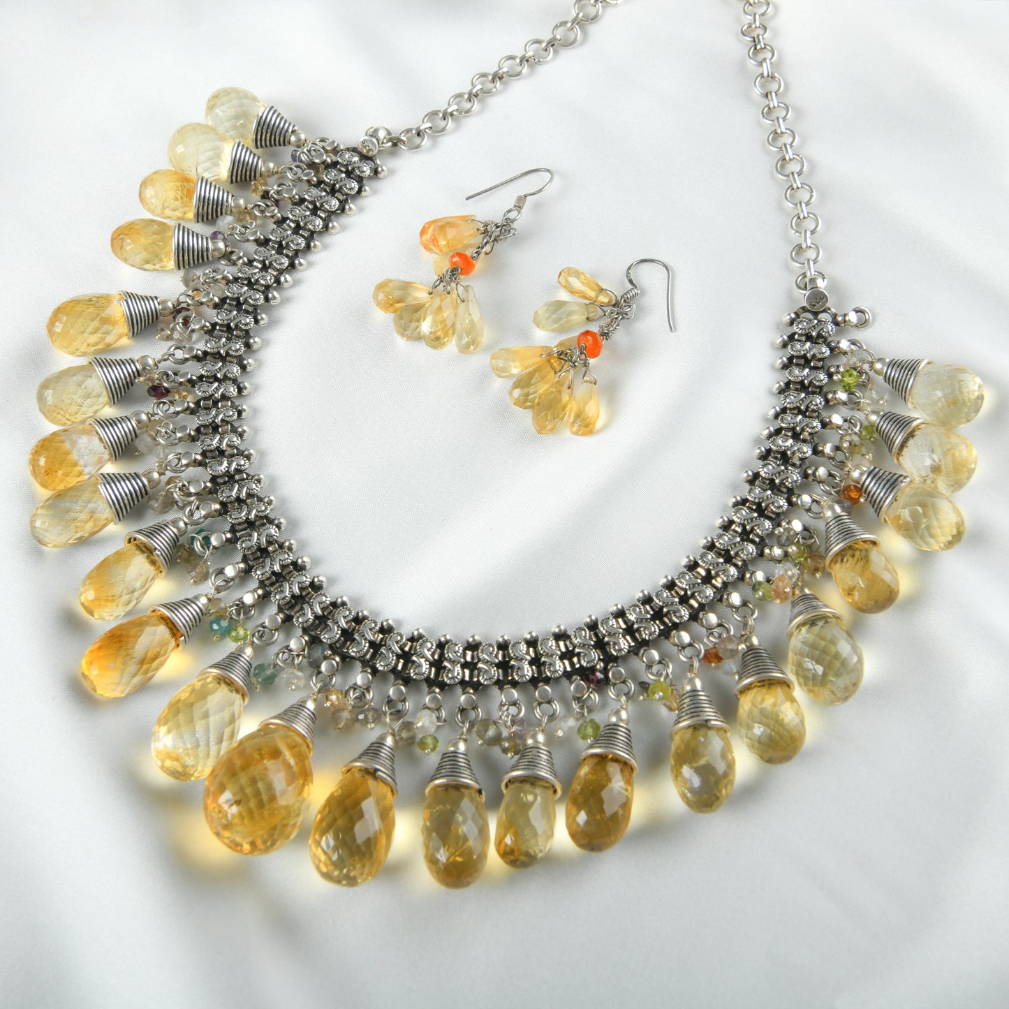 Citrine Drops Silver Necklace Set