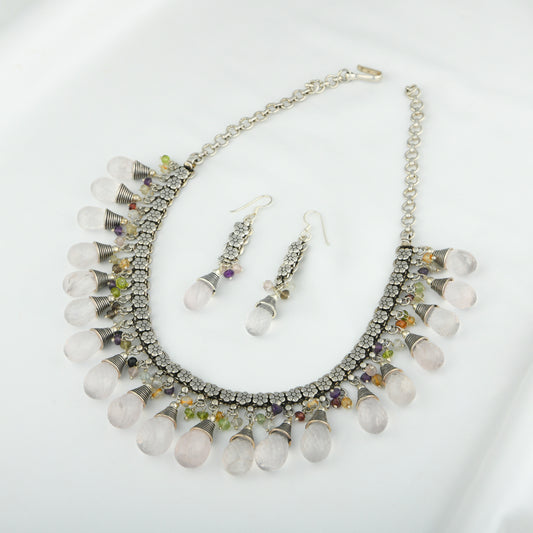 Faceted Rose Quartz Drops Floral Silver Chain Necklace Set