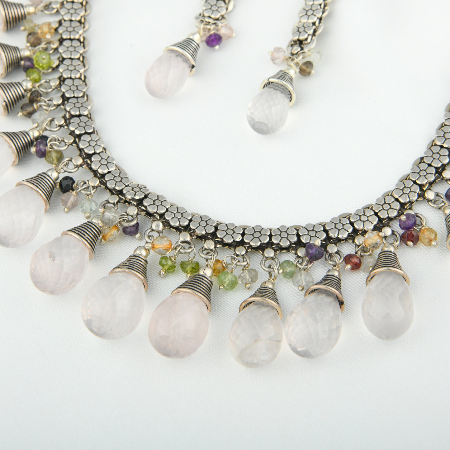 Faceted Rose Quartz Drops Floral Silver Chain Necklace Set