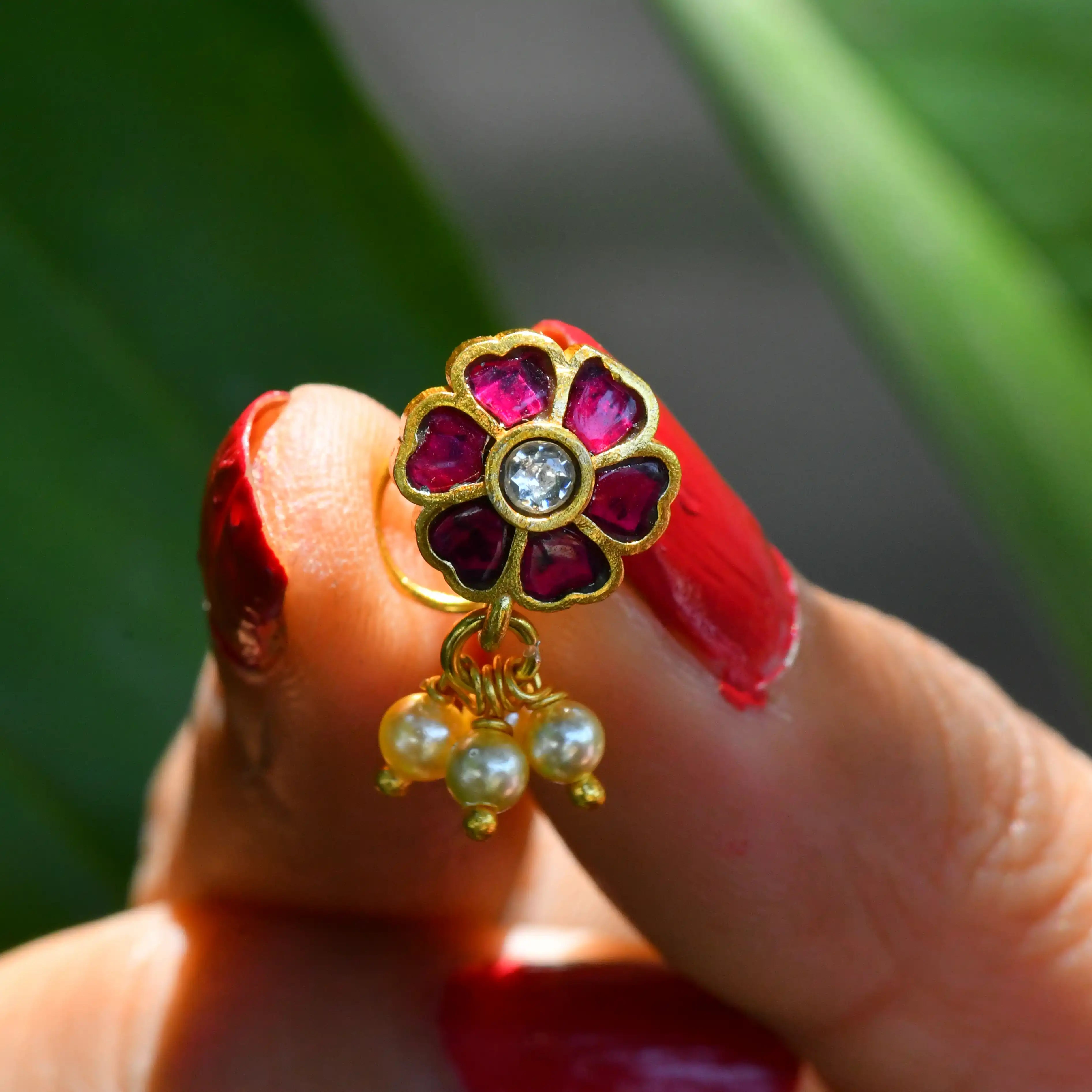Phool Kundan Gold Plated Silver Nose Pin