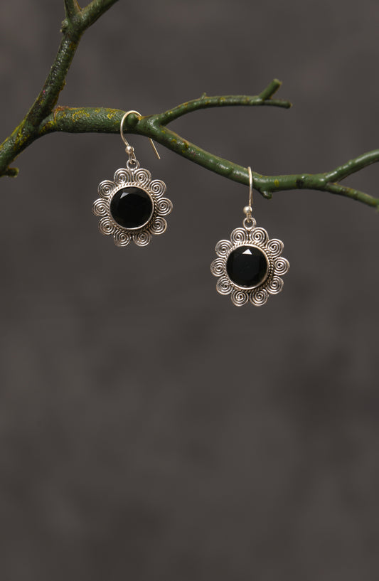 Black Onyx Blossom Silver Earrings