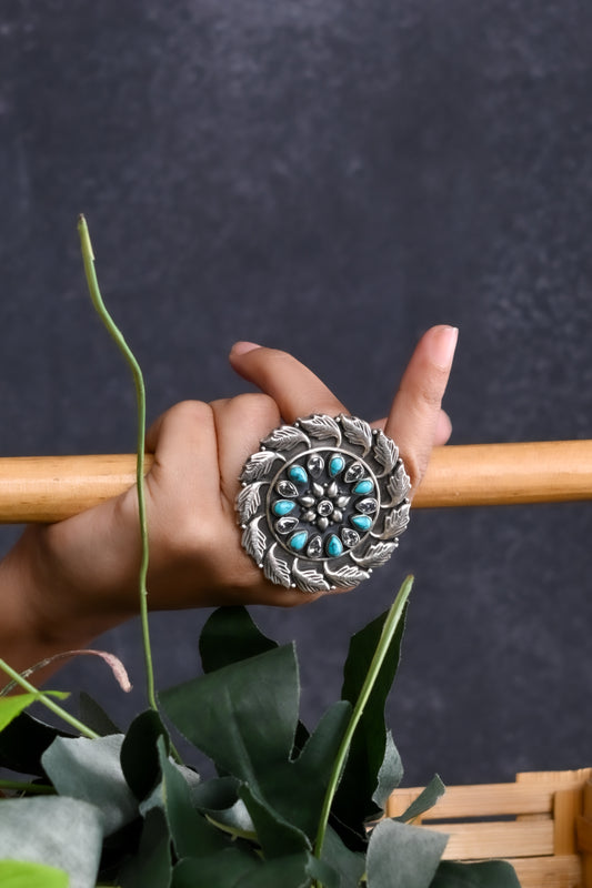 Turquoise And Leaf Silver Statement Ring