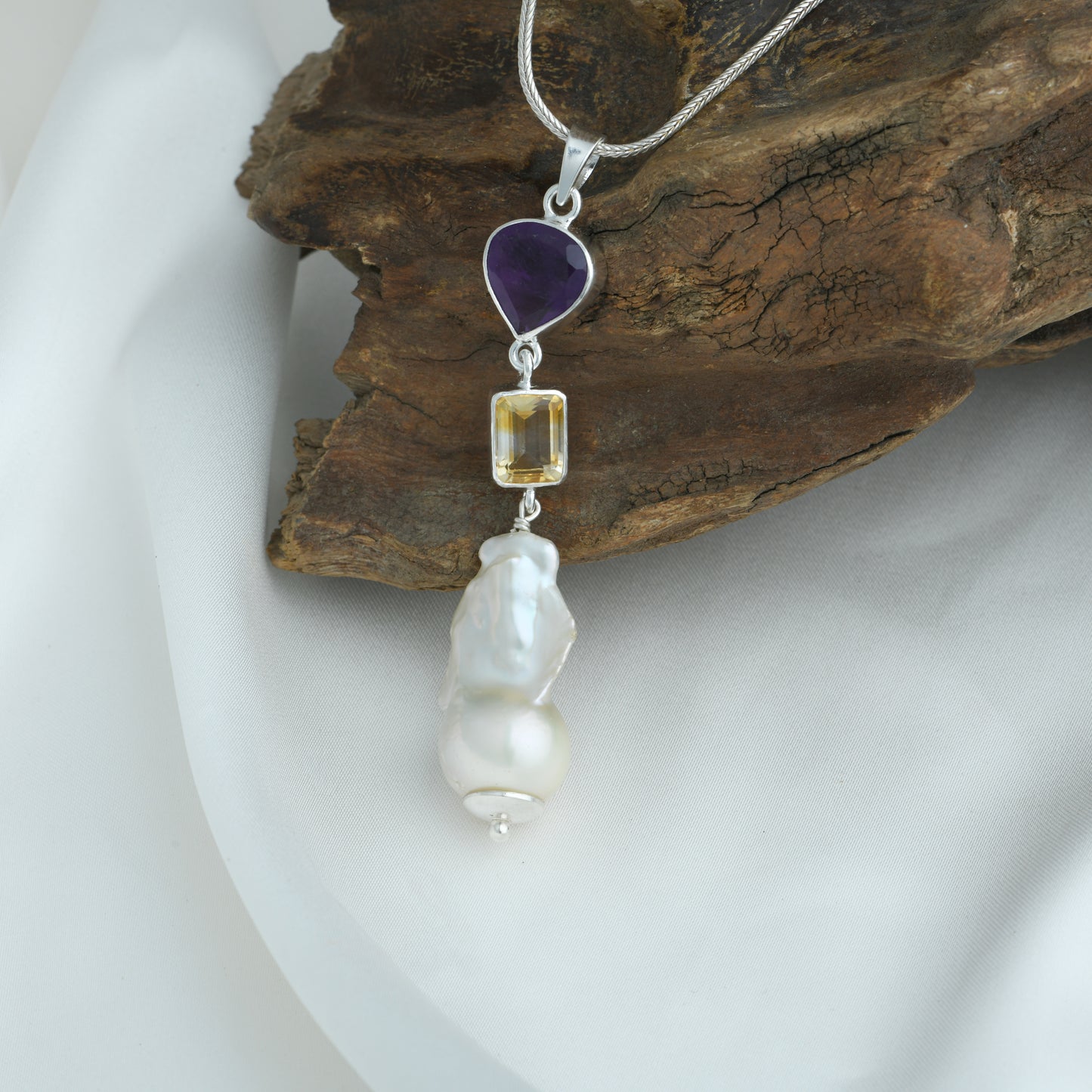 Amethyst Heart Citrine Square And Baroque Pearl Necklace