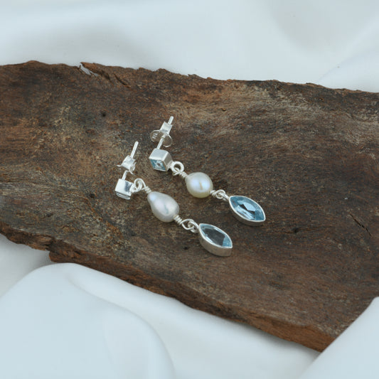 Blue Topaz Pearl And Silver Earrings