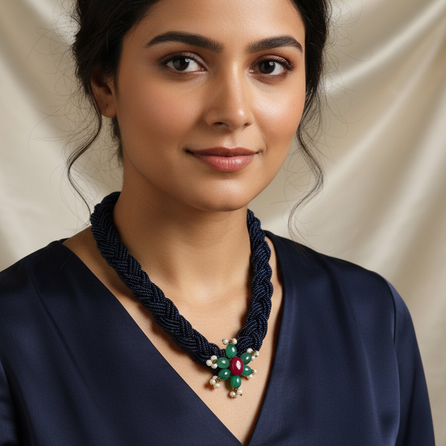 Blue Glass Beads Choker With Beads Pendant