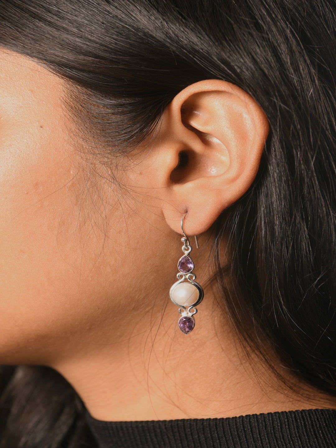 Silver Amethyst-Pearl-Amethyst Earrings