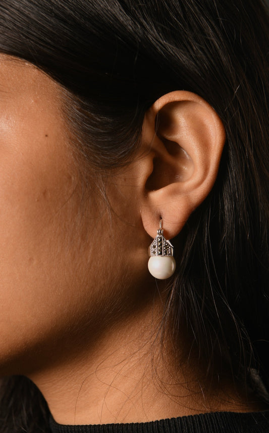 Silver Pearl Marcasite Earrings