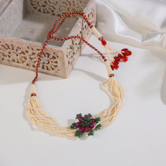 Ivory Glass Beads Choker With Floral Pendant