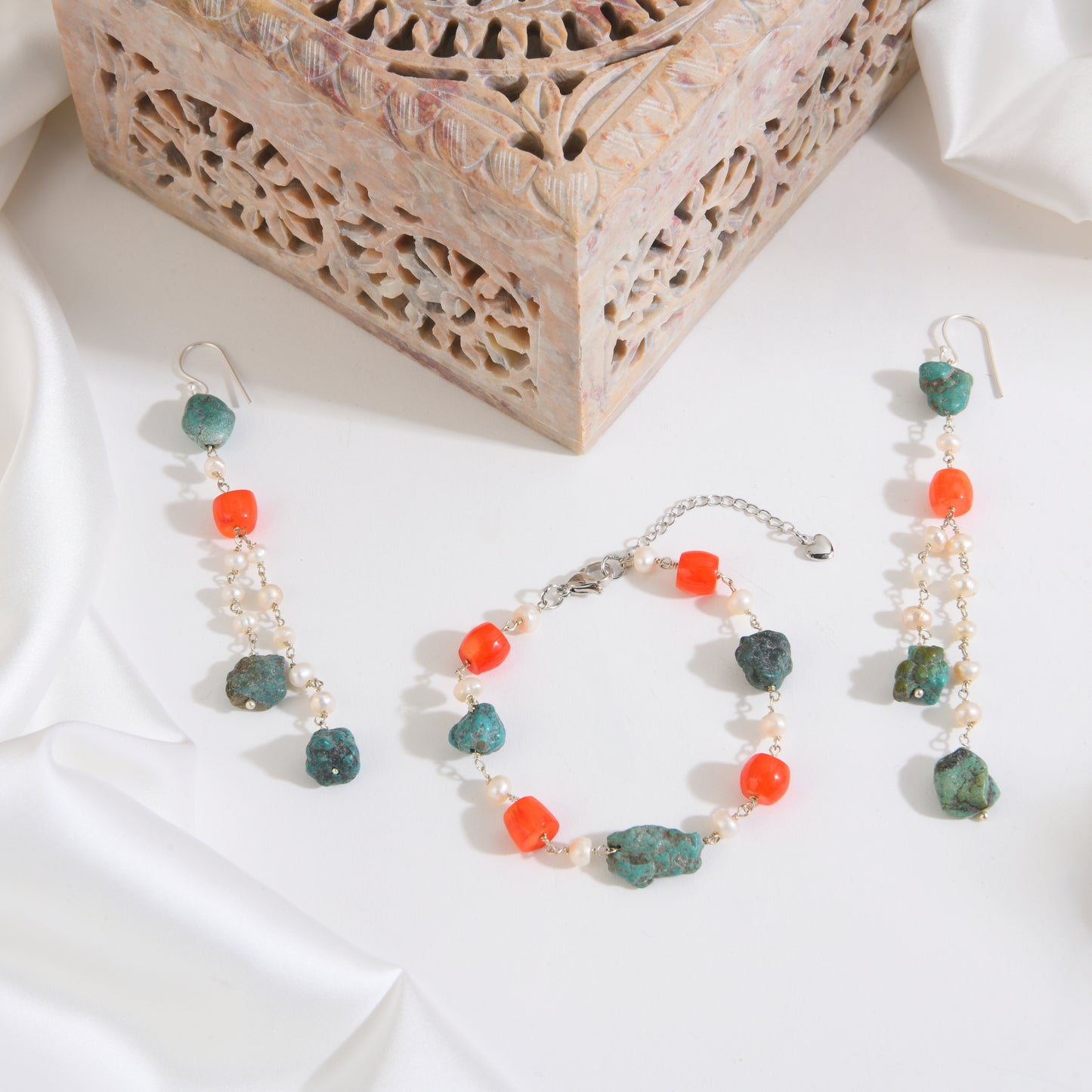 Coral Turquoise and Pearl Bracelet