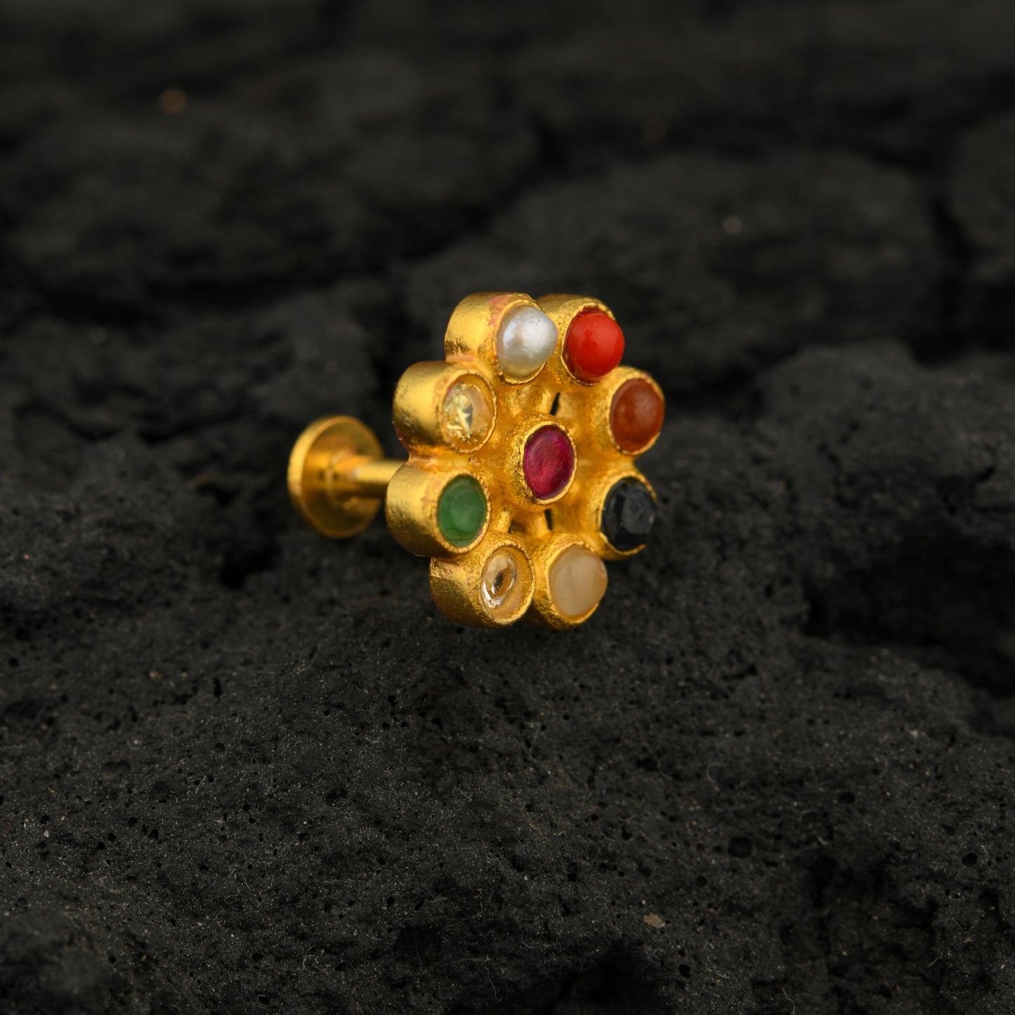 Navratna Screw Back Gold Plated Silver Nose Pin