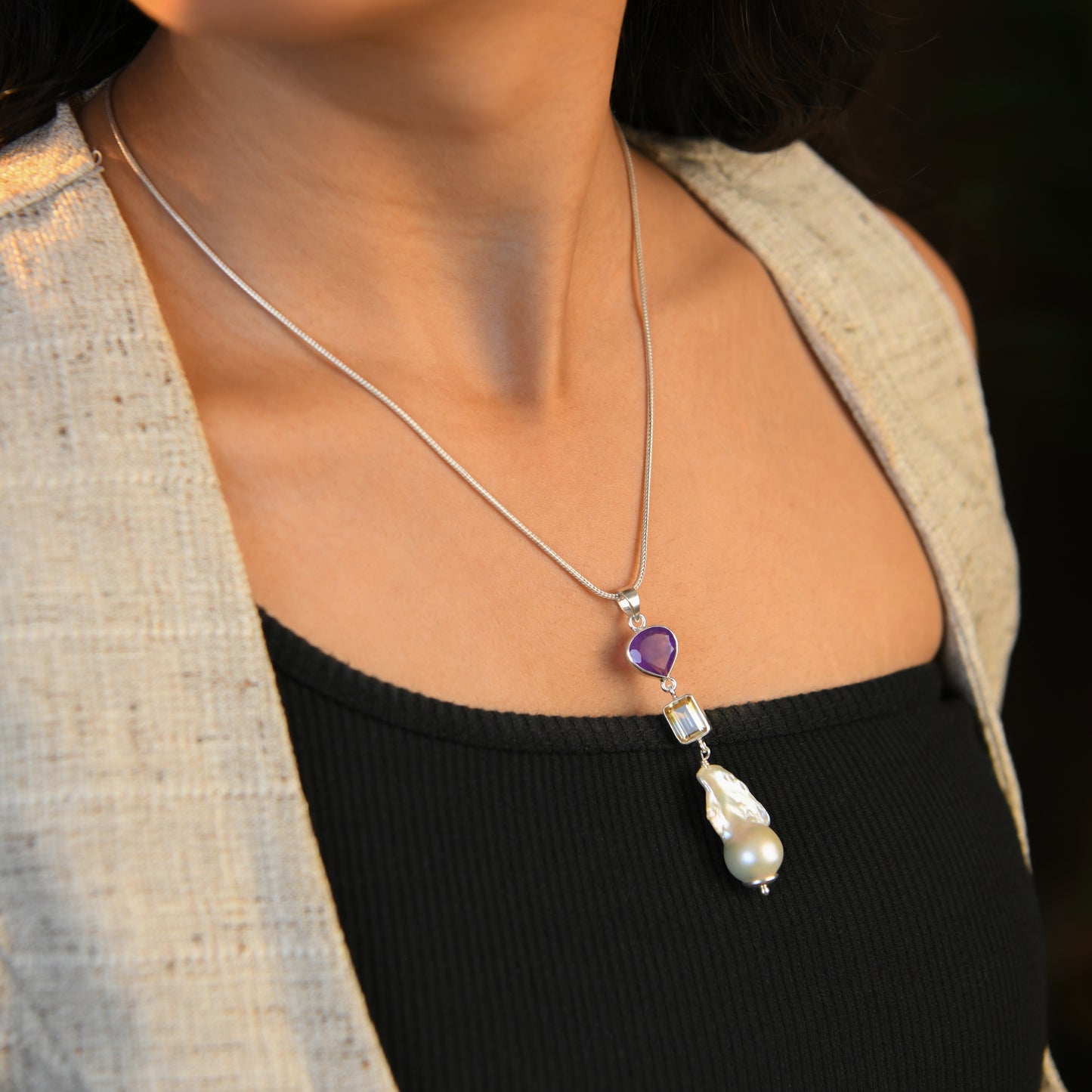 Amethyst Heart Citrine Square And Baroque Pearl Necklace