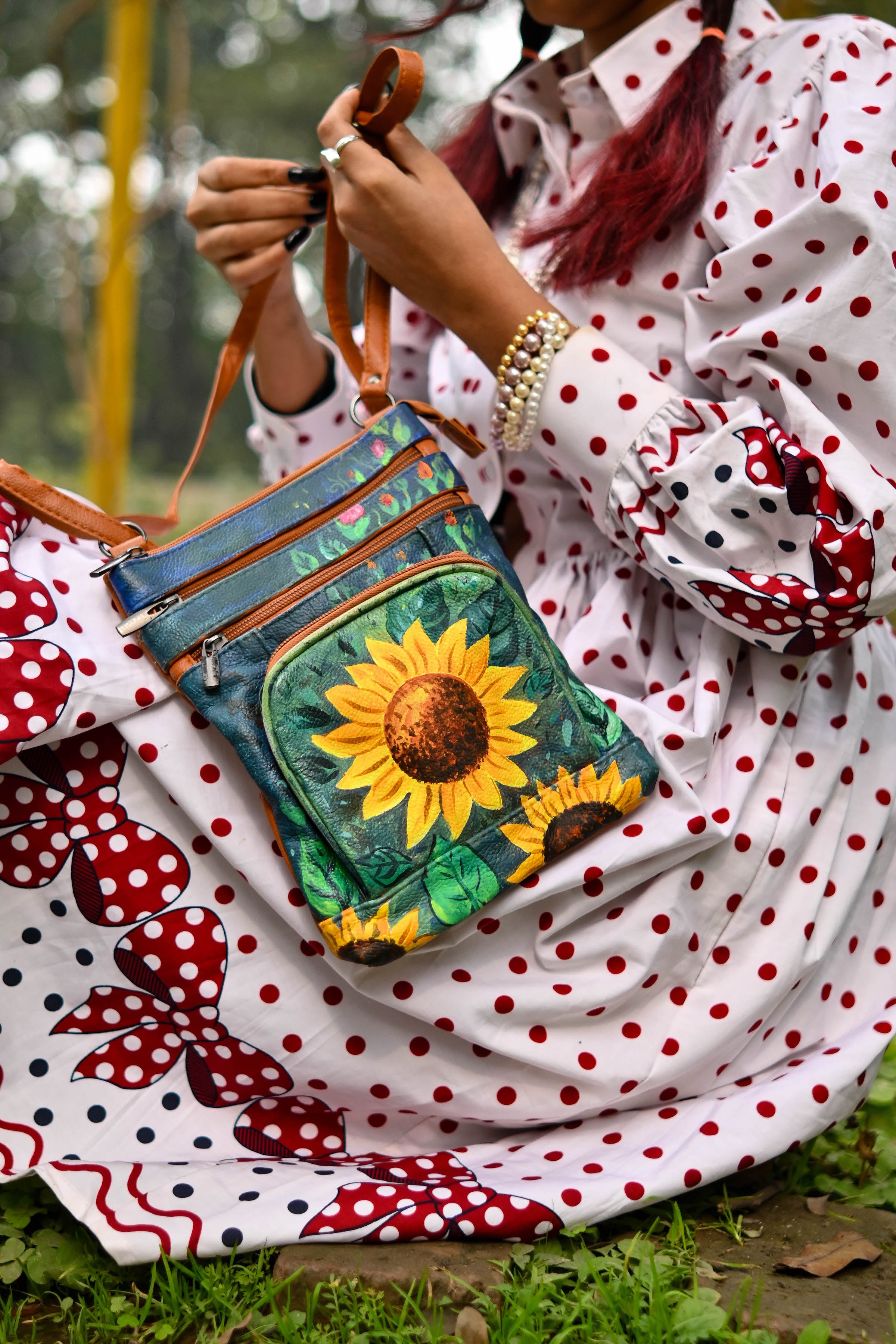 Hand Painted The Sunflower Leather Sling Bag Totapari