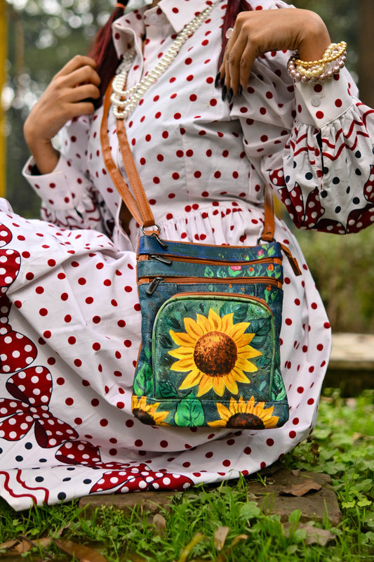 Hand Painted "The Sunflower" Leather Sling Bag