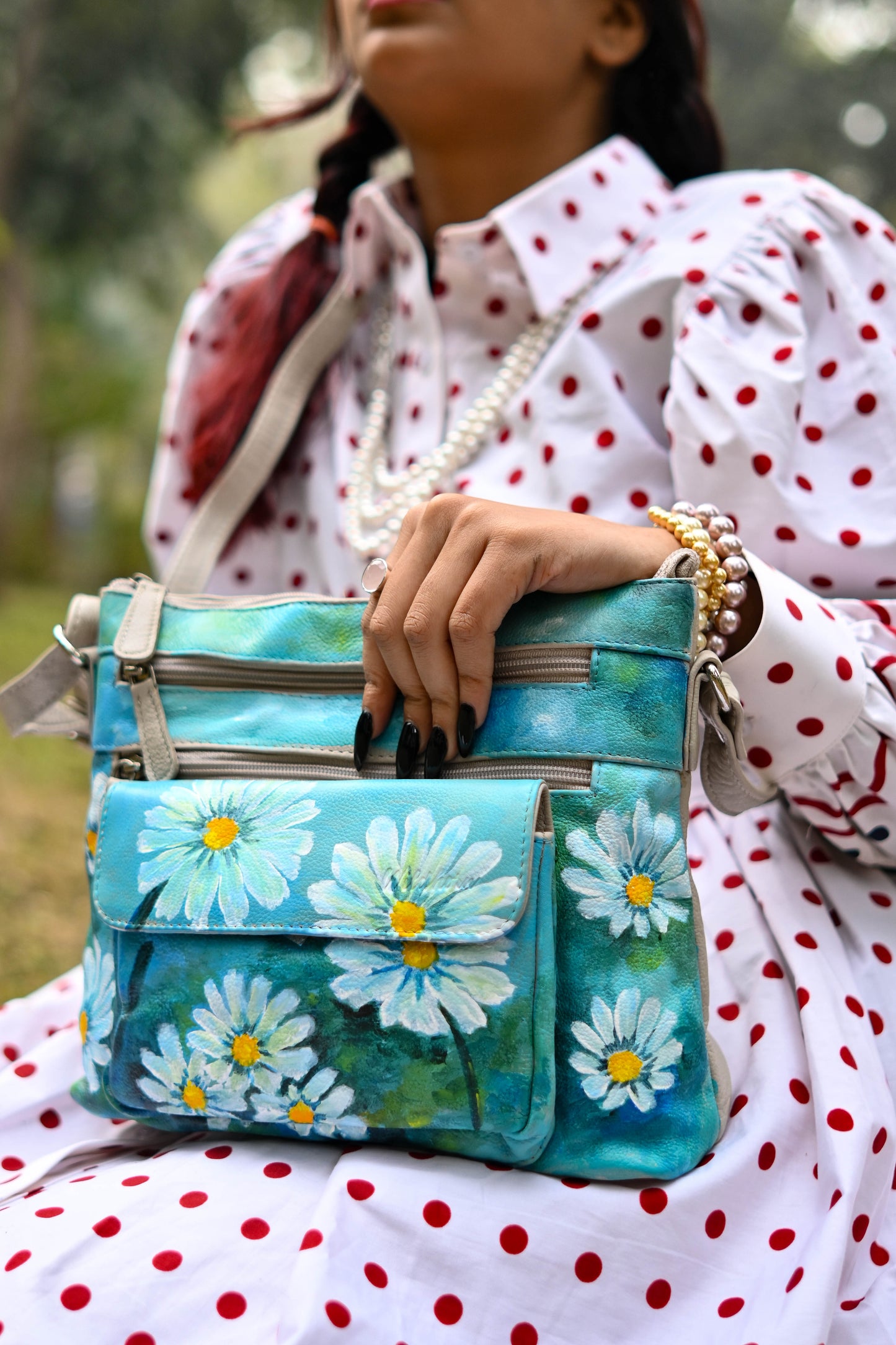 Hand Painted "White Pansy" Hand Painted Leather Bag