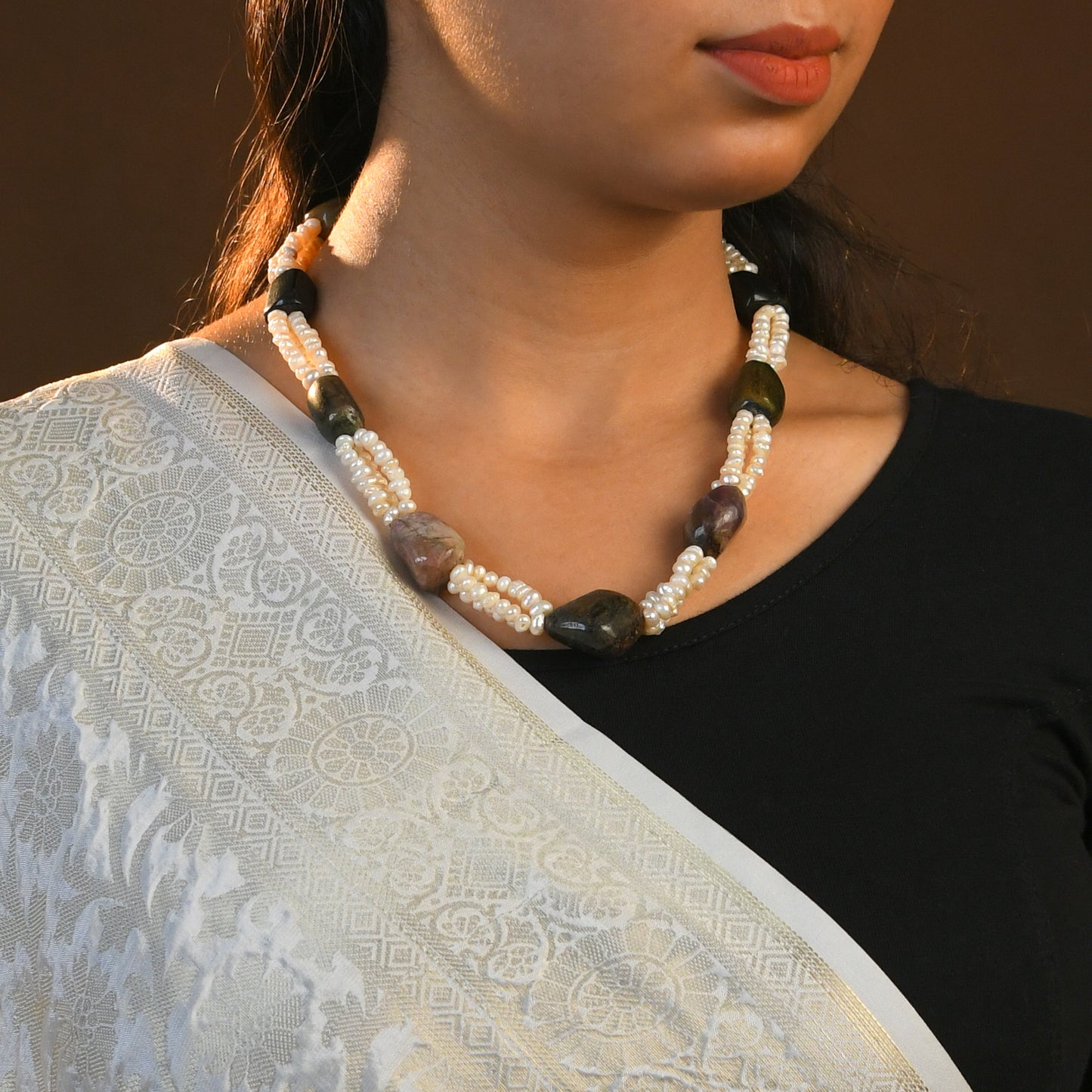 Tourmaline Tumbles And Freshwater Pearls Necklace