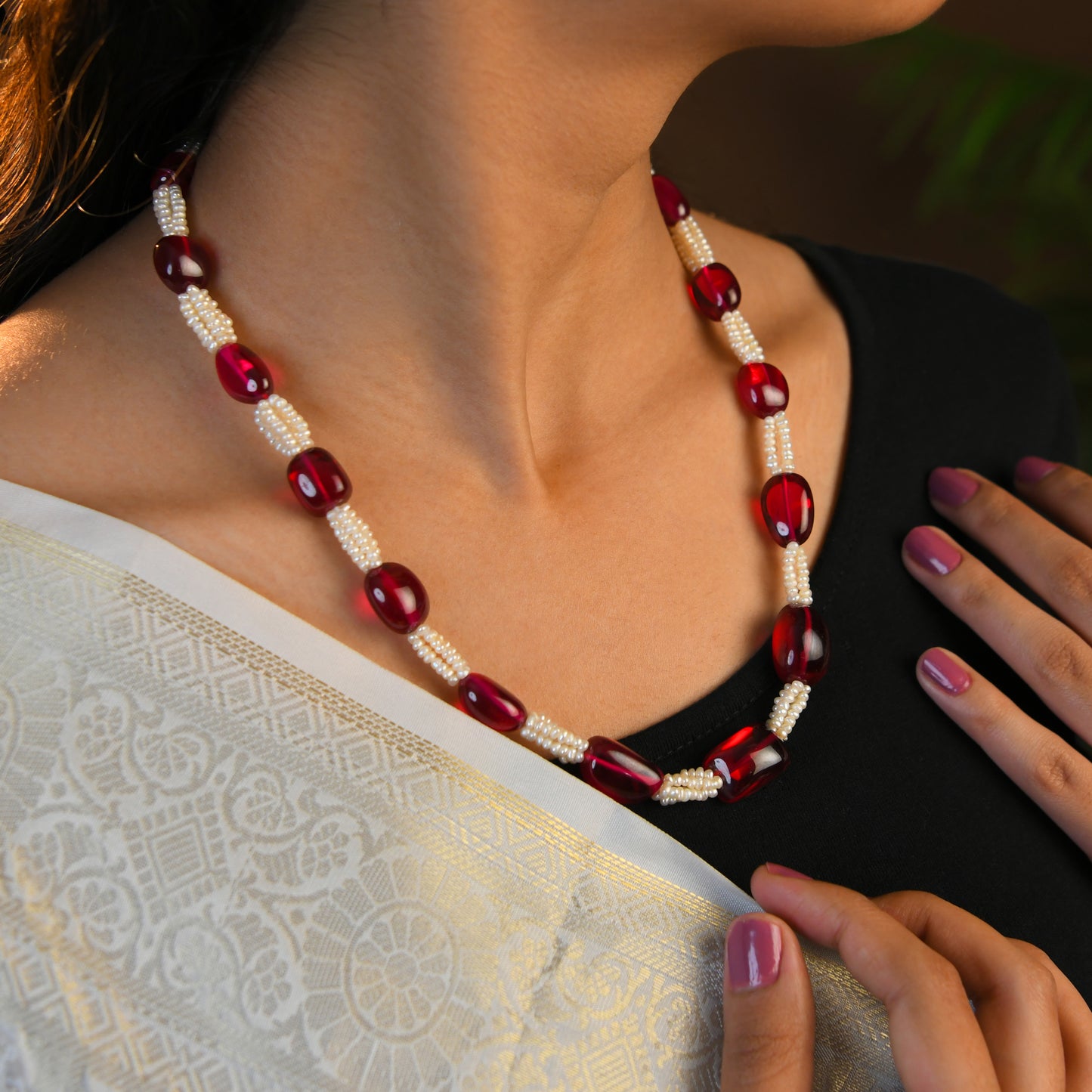 Lab Created Ruby Freshwater Pearls Necklace