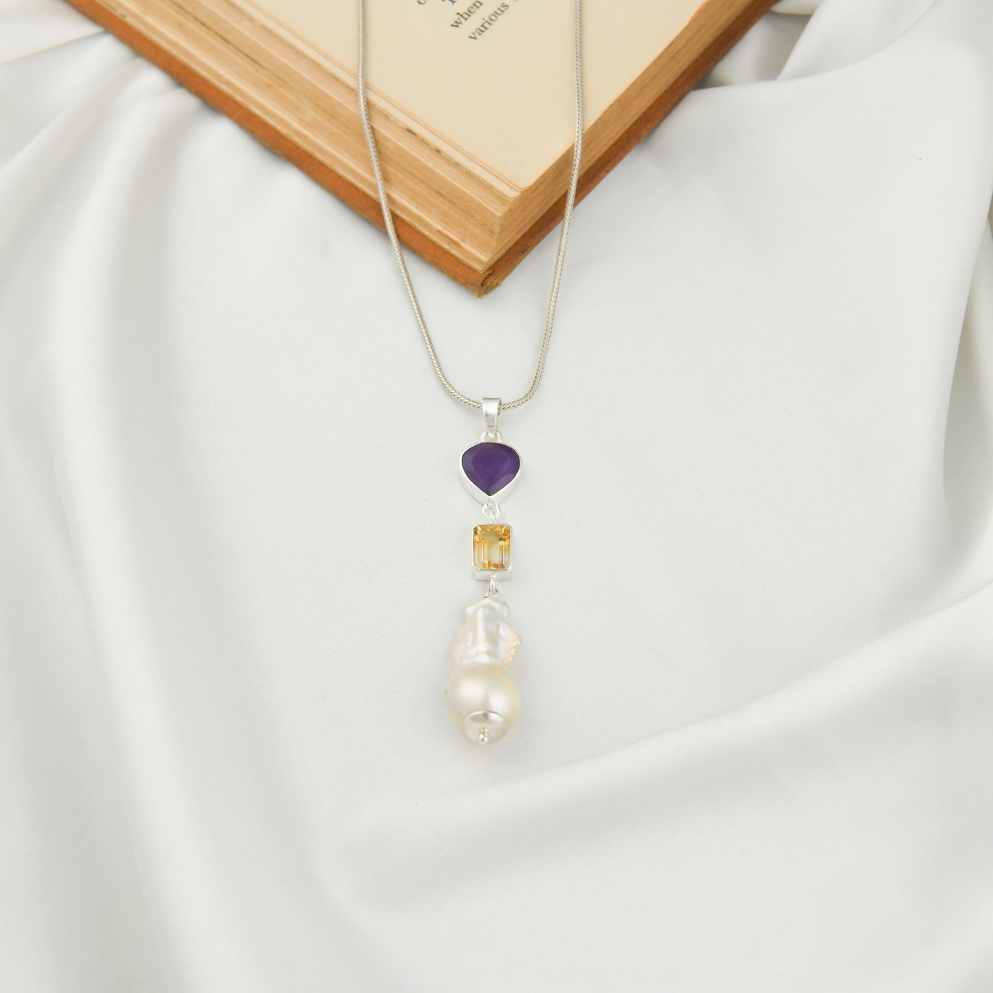 Amethyst Heart Citrine Square And Baroque Pearl Necklace