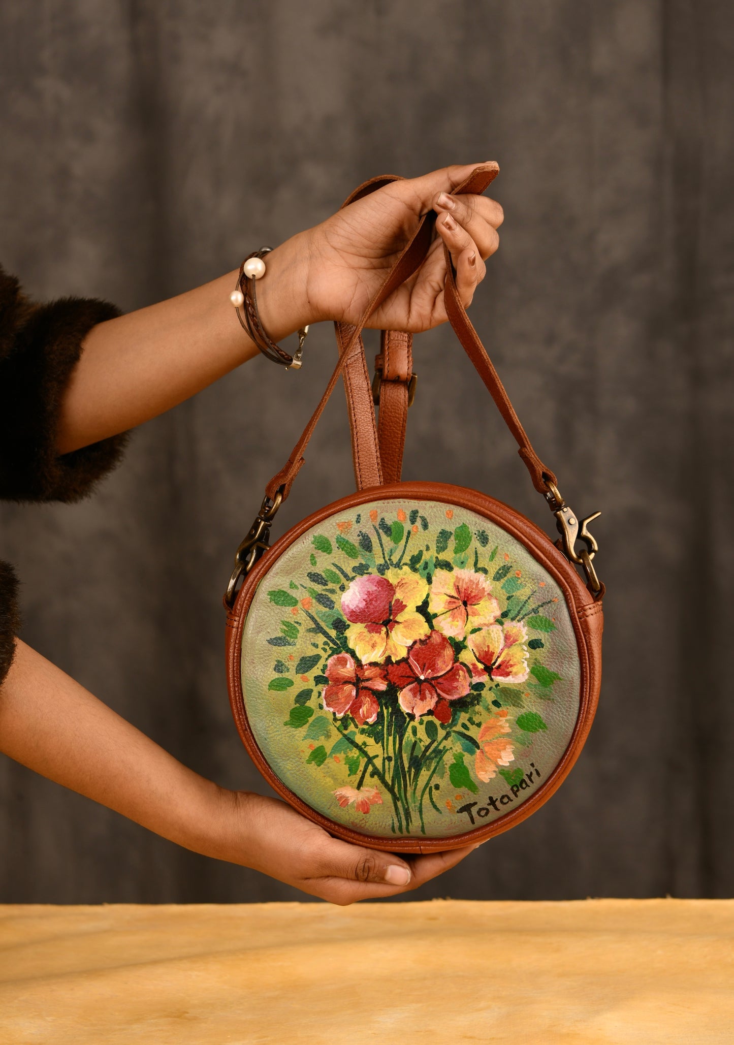 Hand Painted "The Flower Bouquet" Leather Sling Bag