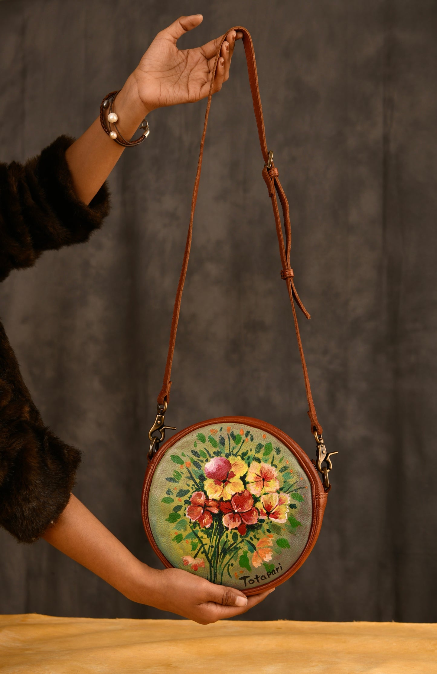 Hand Painted "The Flower Bouquet" Leather Sling Bag