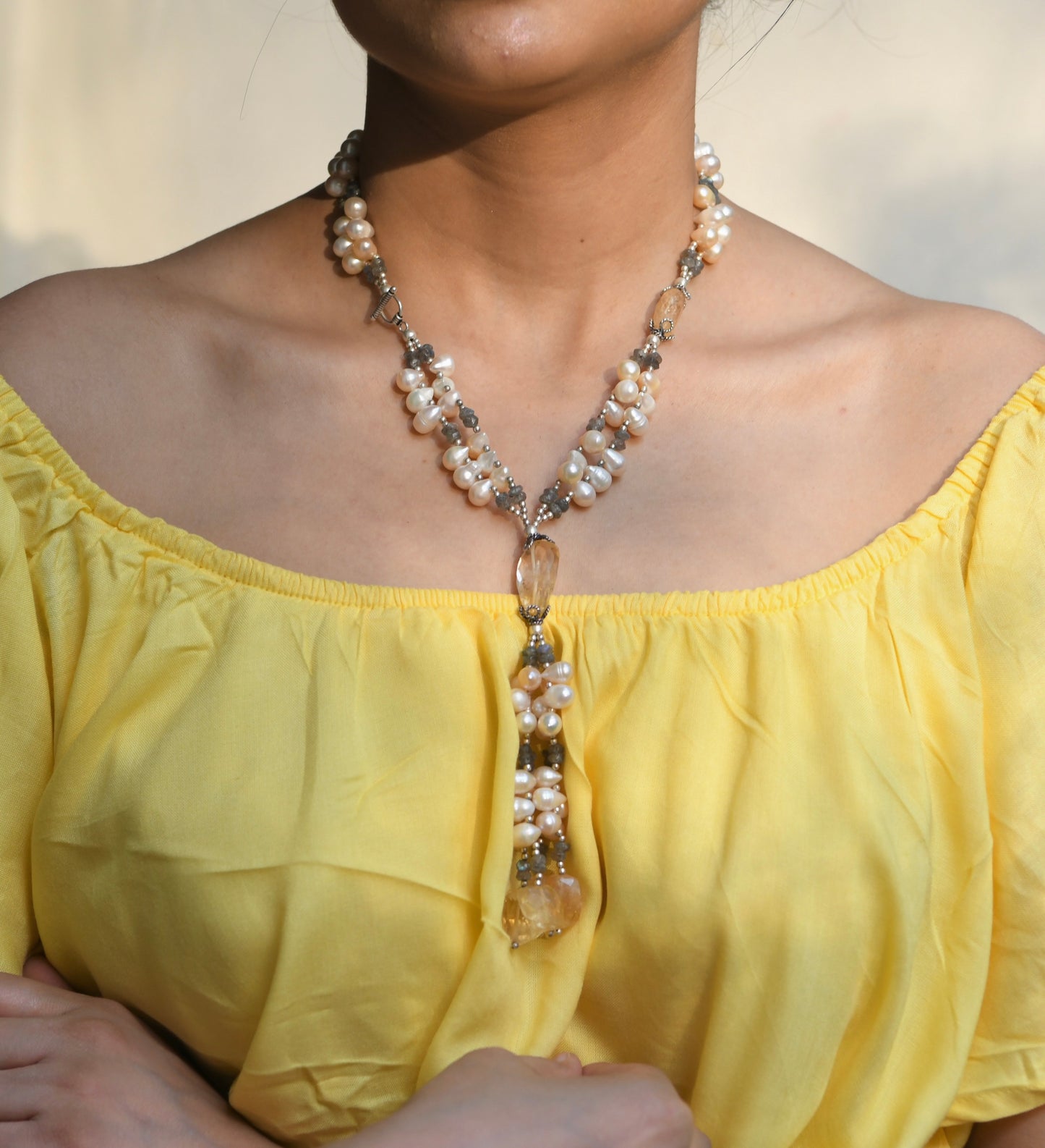 Citrine Pearl Drops Necklace