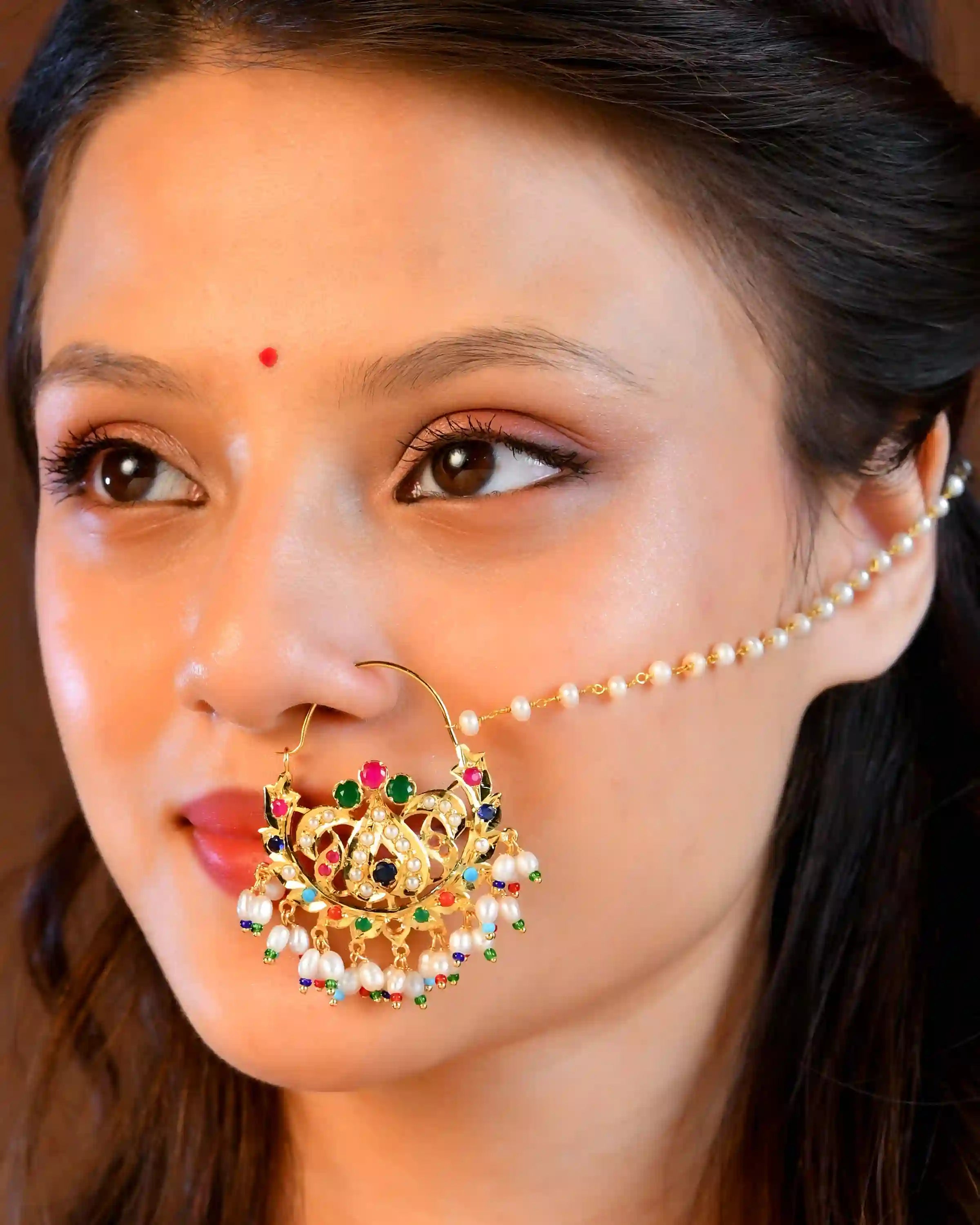 Sabiha Gold Plated Silver Nath With Pearl Sahara, an example of a nath nose pin