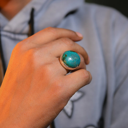 Teal Horizon Round Chrysocolla Silver Ring