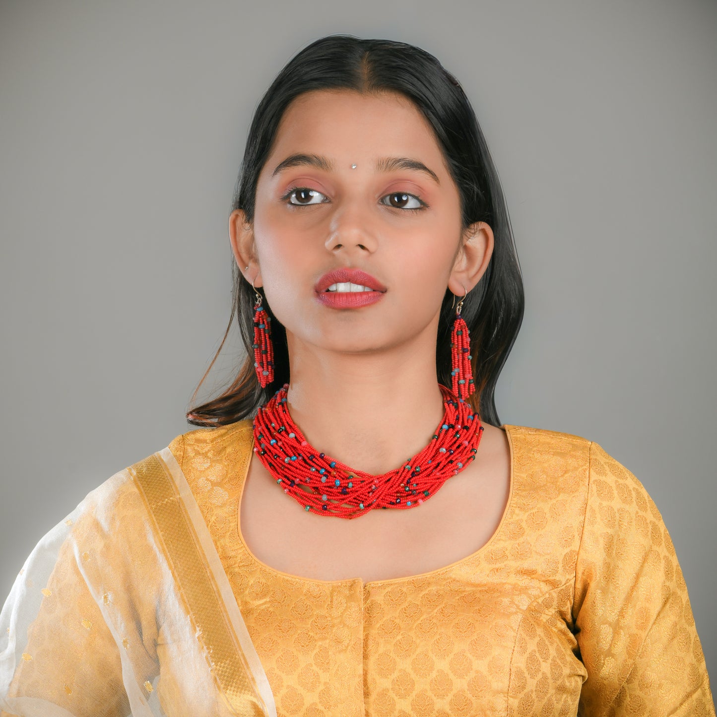 Red Glass Beads Hand Crafted Necklace Set