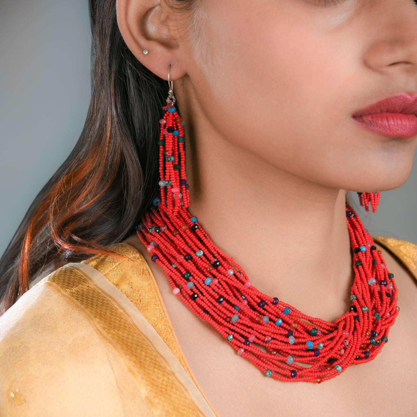 Red Glass Beads Hand Crafted Necklace Set