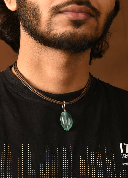 Fluorite Silver Pendant in Leather Chord