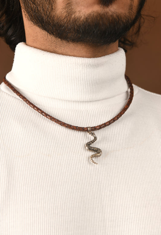 Cobra Silver Pendant In Leather Chord