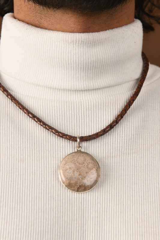 Ammonite Silver Pendant in Leather Chord