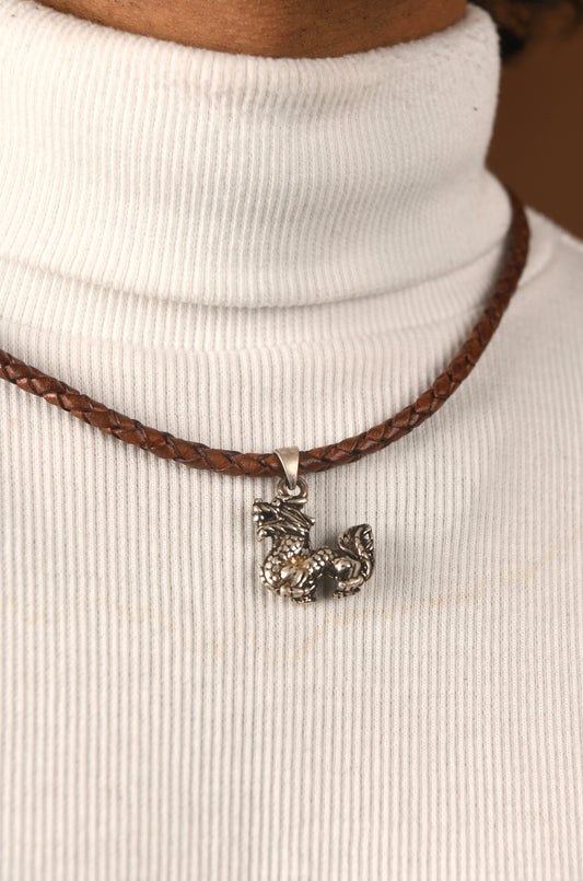 Dragon Silver Pendant In Leather Chord