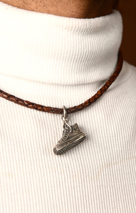 'Fitness Freak' Silver Shoe Pendant In Leather Chord