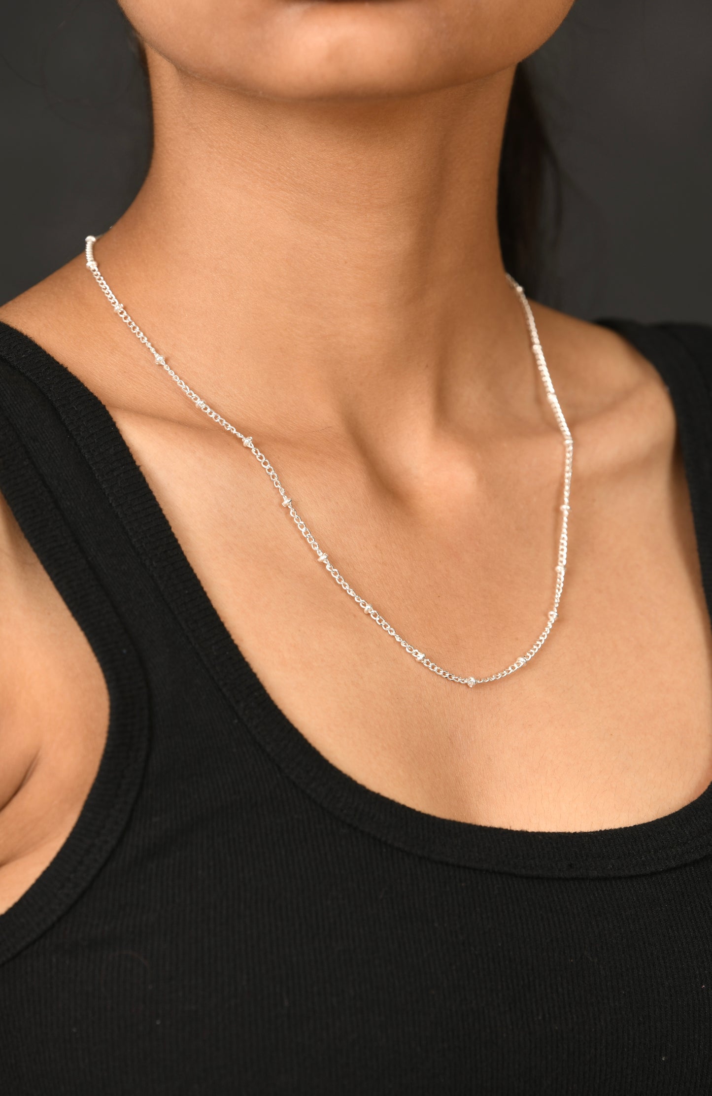 Silver Delicate Link Chain With Beads(18 inches)