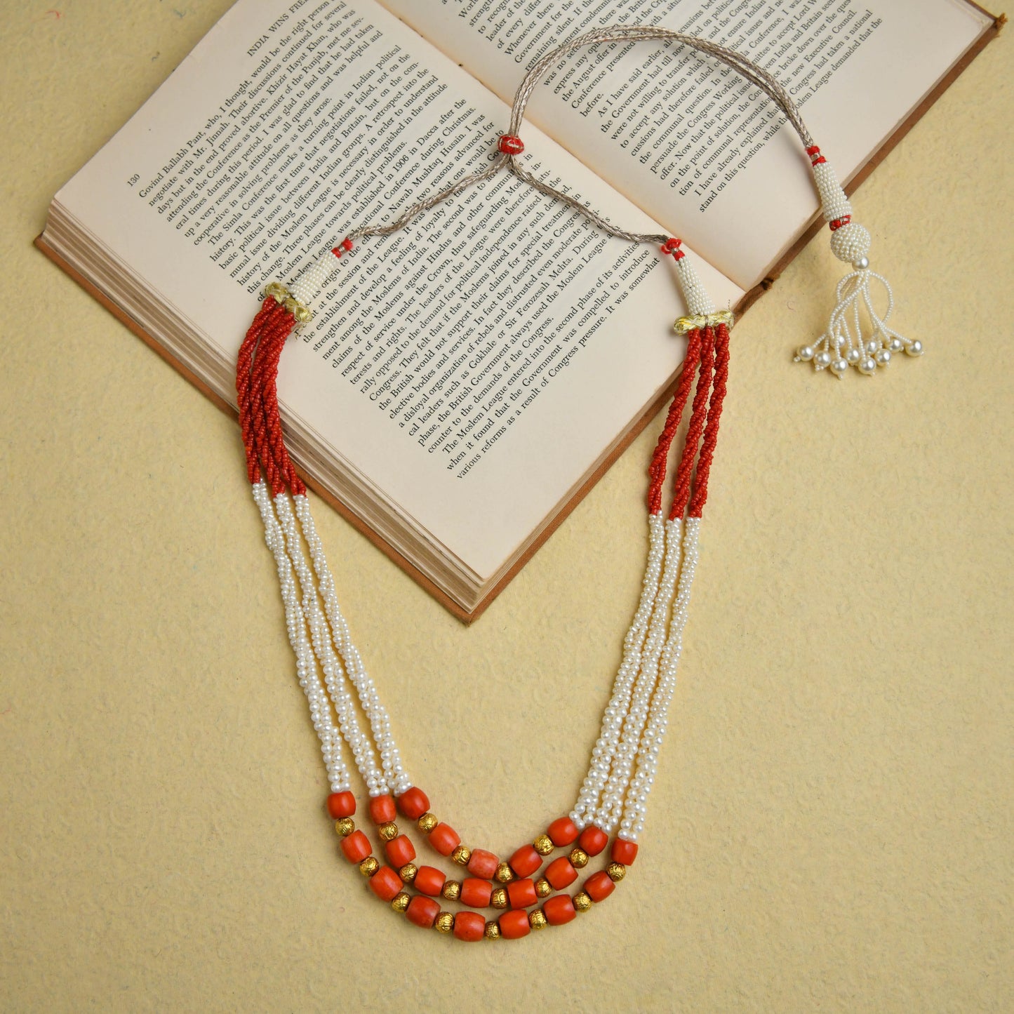 Pearl Coral And Gold Beads Triple Layered Necklace