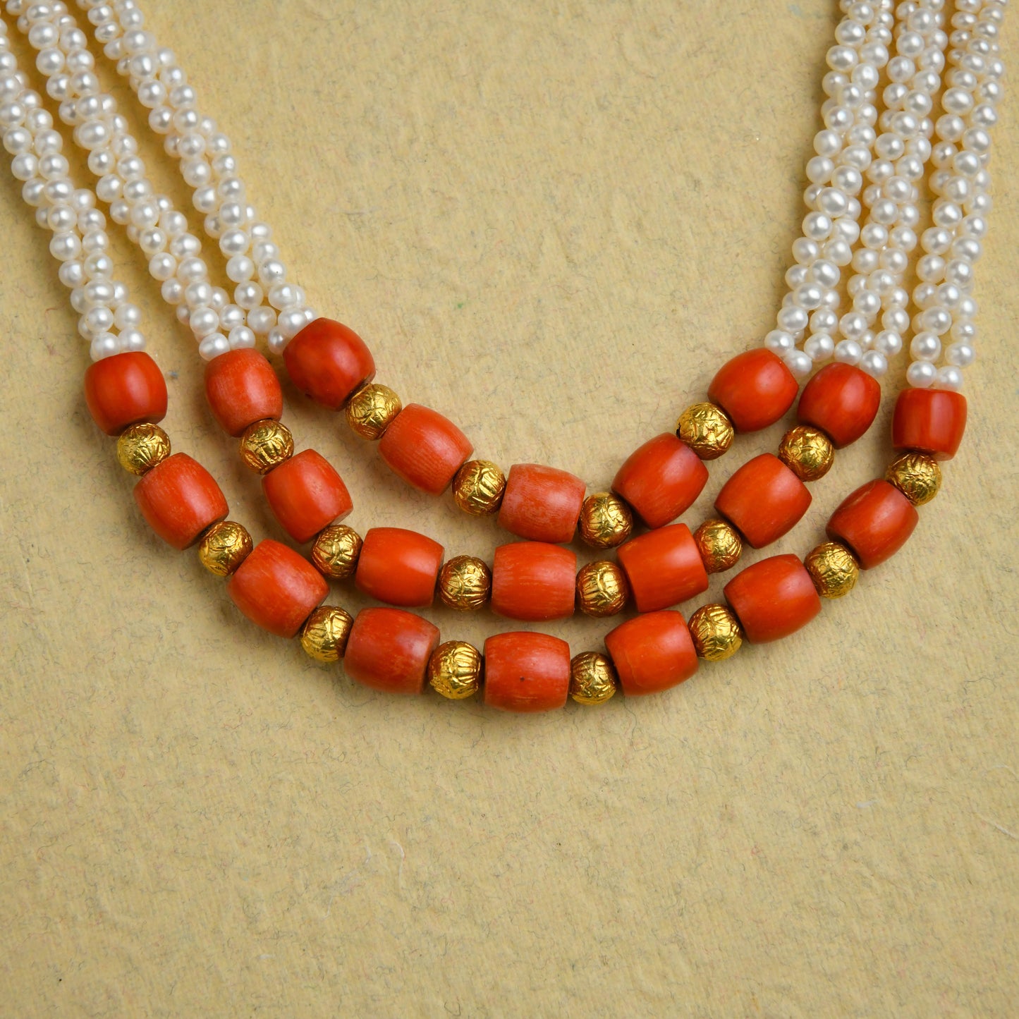 Pearl Coral And Gold Beads Triple Layered Necklace