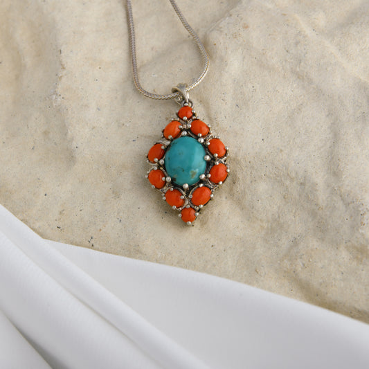 Turquoise Coral Silver Pendant