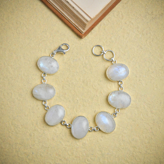 Rainbow Moonstone Ovals Silver Bracelet