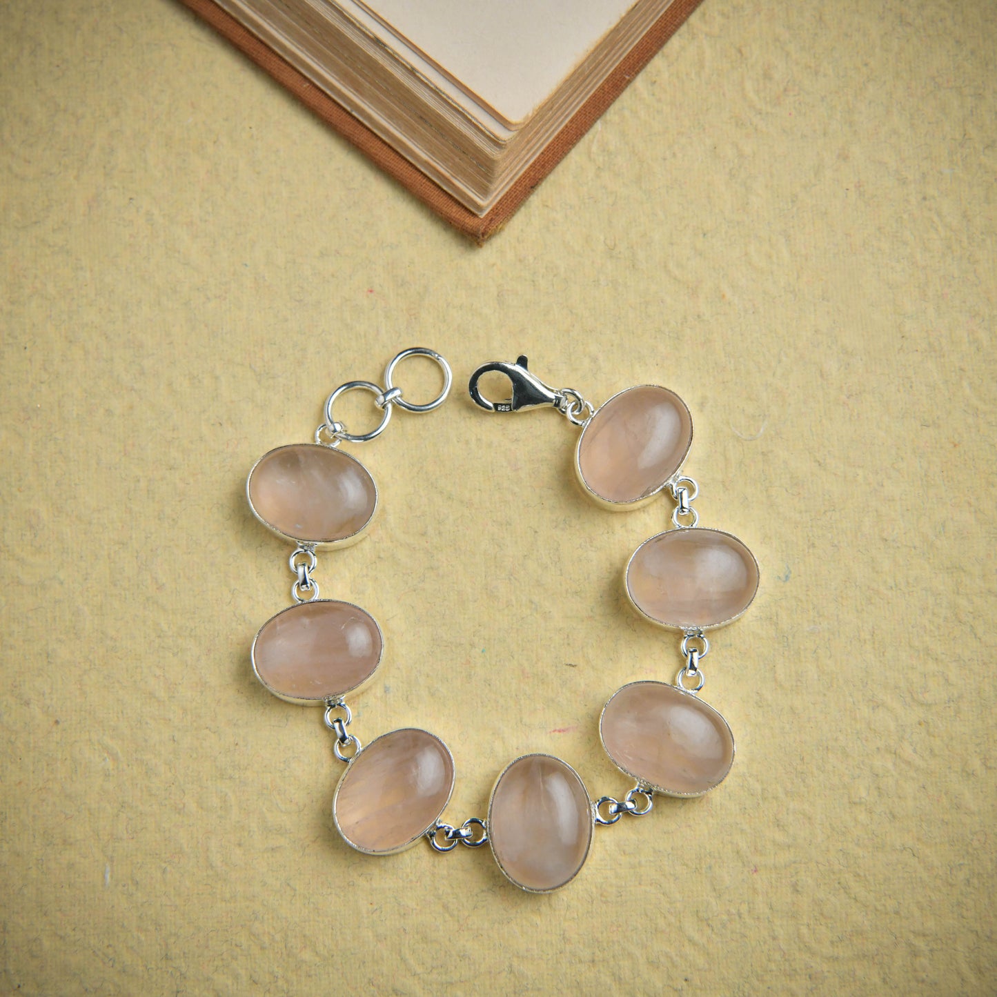 Rose Quartz Oval Link Silver Bracelet