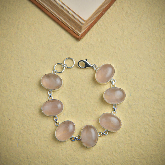 Rose Quartz Oval Link Silver Bracelet