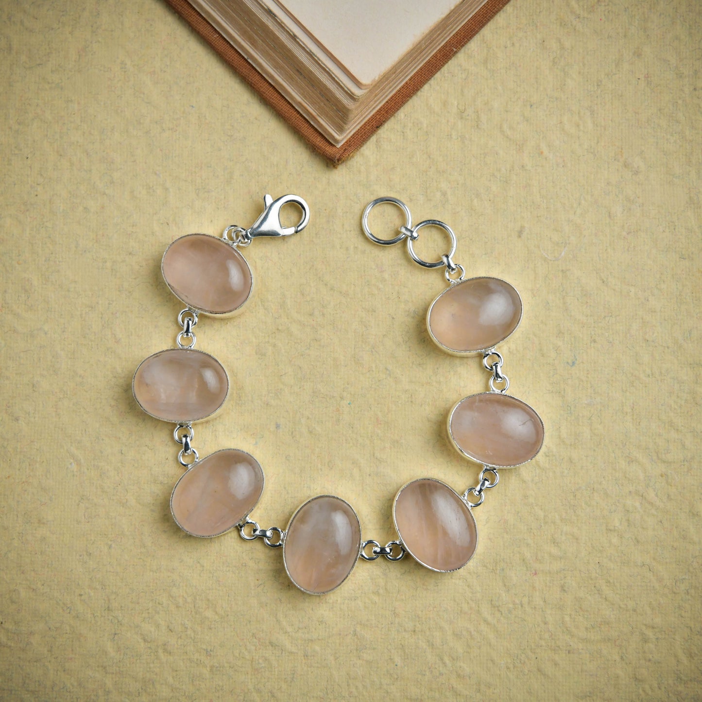 Rose Quartz Oval Link Silver Bracelet