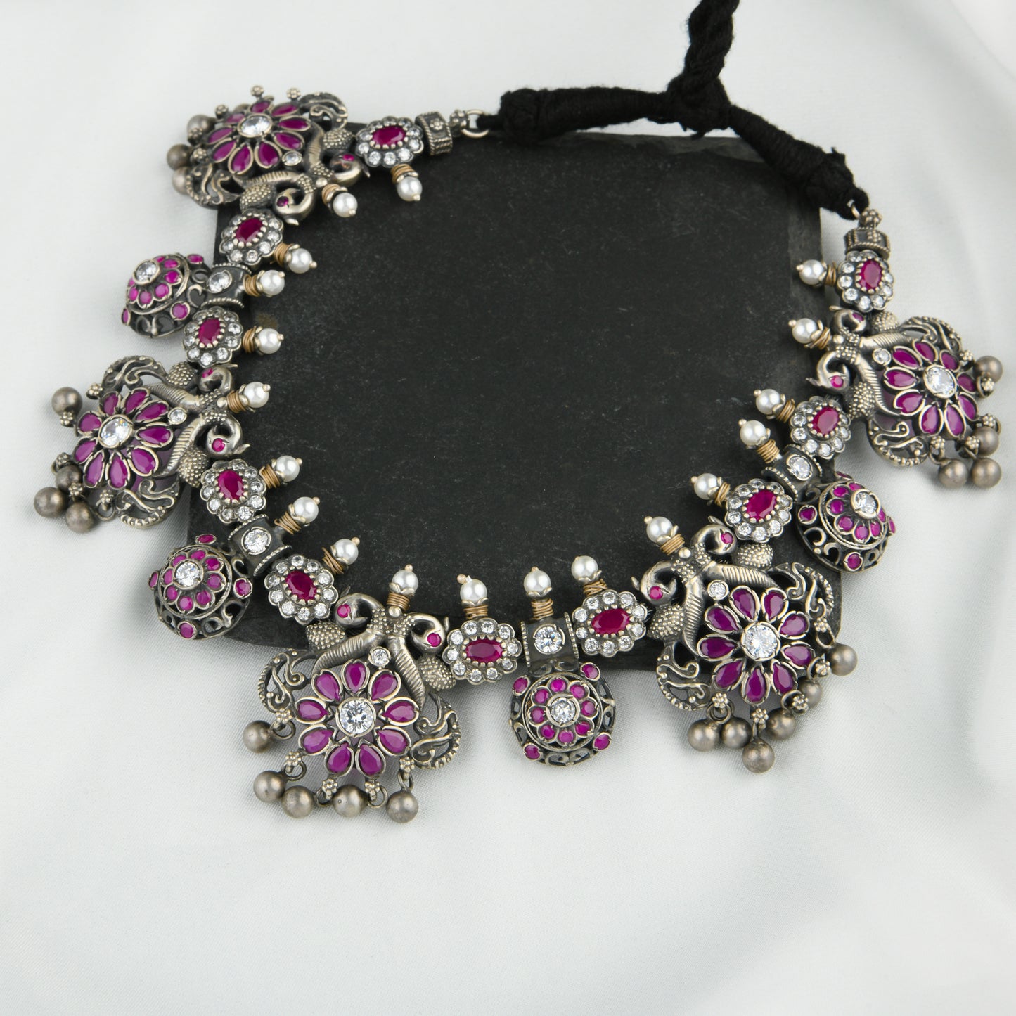South Indian Peacock Silver Temple Necklace Set