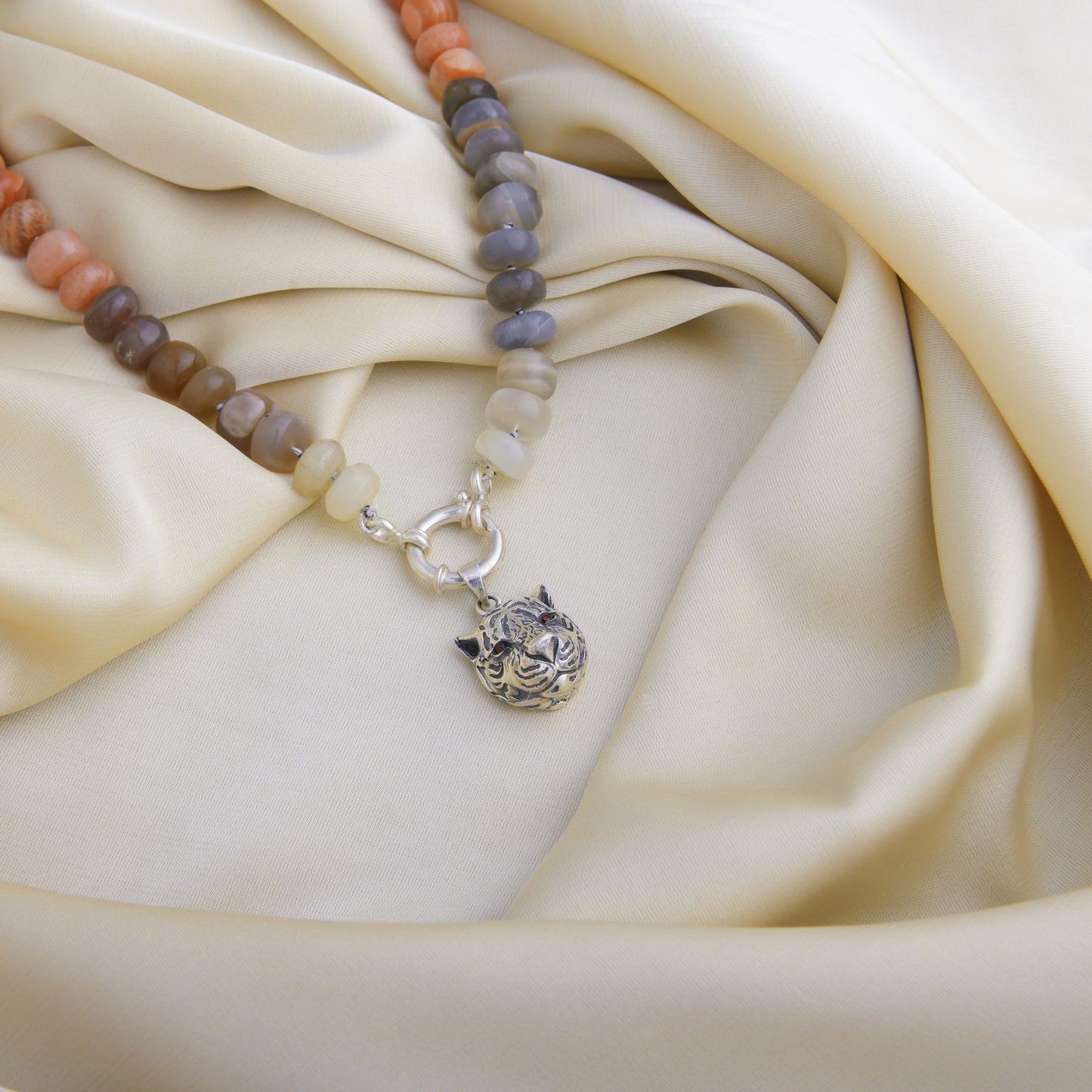Semiprecious Moonstone Hand Knotted Tiger Necklace