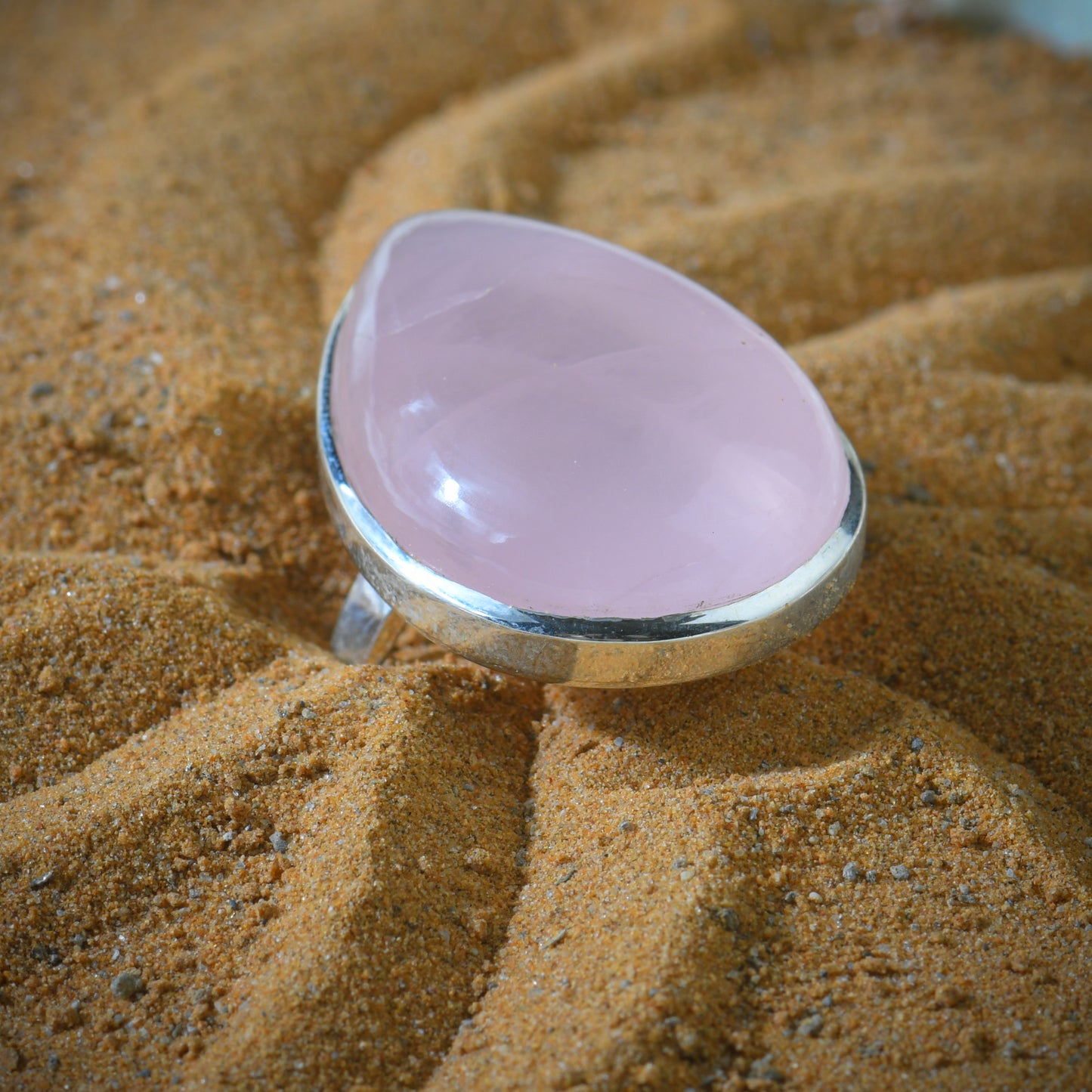 Natural Rose Quartz Tear Drop Silver Ring