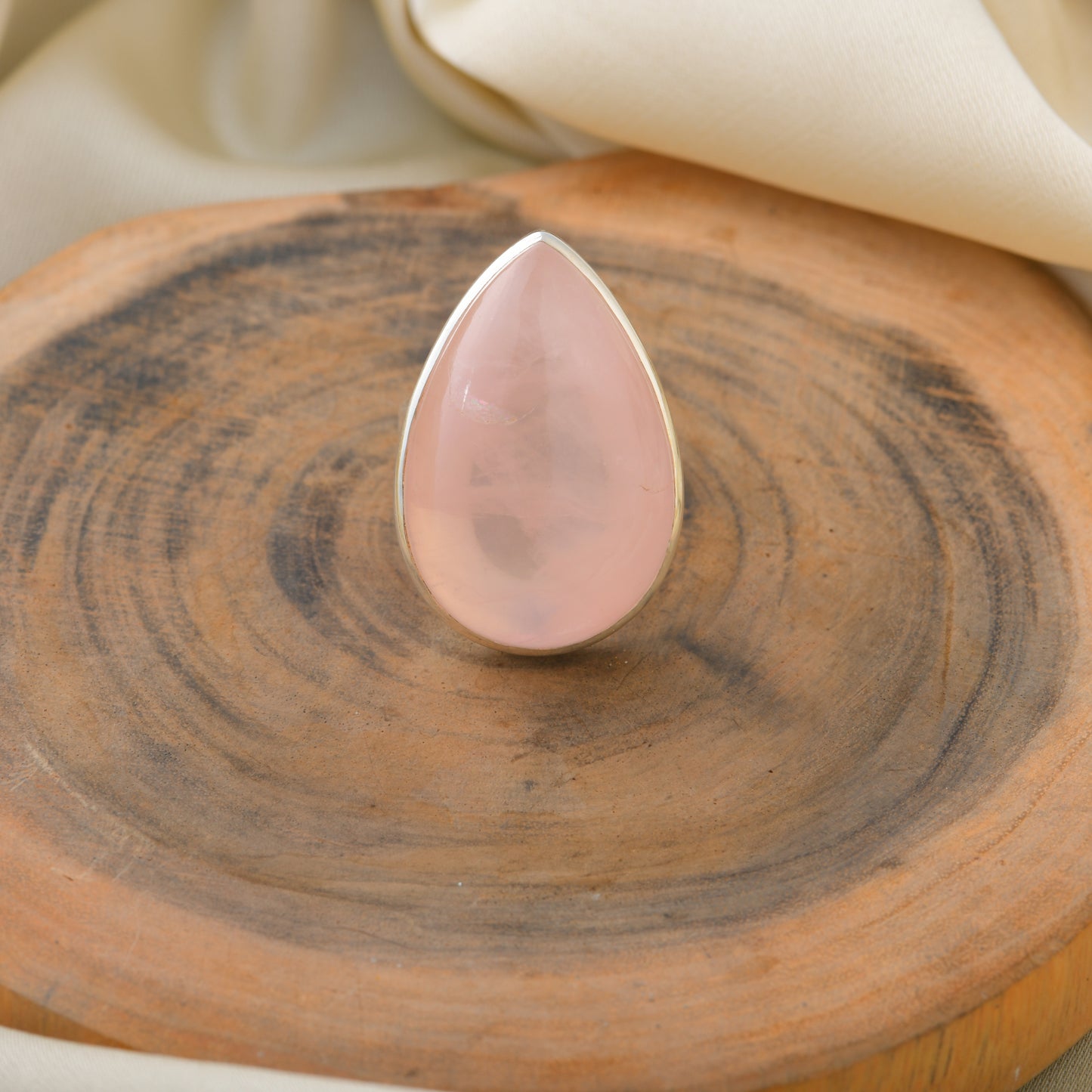 Natural Rose Quartz Drop Silver Ring