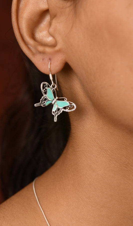 Teal Butterflies Silver Earrings